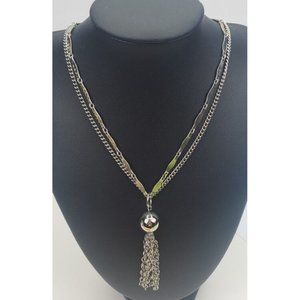 Vtg  Silver Tone Multi-Chain Necklace Retro Ball Pendant Tassel  21" Chain